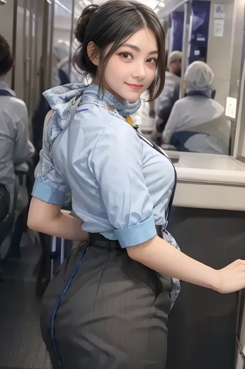 (masterpiece:1.2, Best Quality:1.2), 32kHDR,  Hi-Res , (Alone、  1 girl)、（on board、  professional lighting protruding forward）、In-flight background、（ANA flight attendant uniform blueを着たリアルスタイル）、（（ANA flight attendant uniform blue short sleeve blouse 、 ANA flight attendant uniform blue skirt with blue line on the back、Scarf around the neck））、 Dark brown hair 、（ Long Hair、Hair tied up、Hair tied up）、 Dark brown hair 、 Long Hit 、Big Breasts、Thin legs、（（Great hands：2.0）），（（  harmonious body proportions ：1.5）），（（Normal limbs：2.0）），（（Usually refers to：2.0）），（（ DELICATE EYES FULL OF DECISION：2.0）），（（Normal eyes：2.0））)、smile、（ANA flight attendant uniform blueを見せた美しい後ろ姿）、Cross your hands 