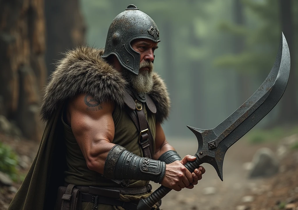 Photorealistic underexposed; a highly detailed viking champion rages on the battlefield, he wears chain mail and an ocular helmet. Wildly swinging a double sided battle axe, in dynamic motion. Battle cry. Natural textures, Chaotic battle scene, close quarters, trampled vegetation, mud, twilight, cinematic matte paint render. Ultra reflection 
