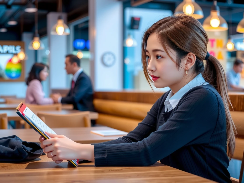 neat-girl,High image quality (8k image quality), high resolution, excellent work, appropriate depth of field, appropriate focus, Leica camera quality, RAW image quality, real, women studying at a cafe, detailed pupils, detailed lips, perfect hands, perfect fingers, perfect nails, detailed Hands, detailed fingers, detailed nails, FLUX, East Asian women,Asian woman