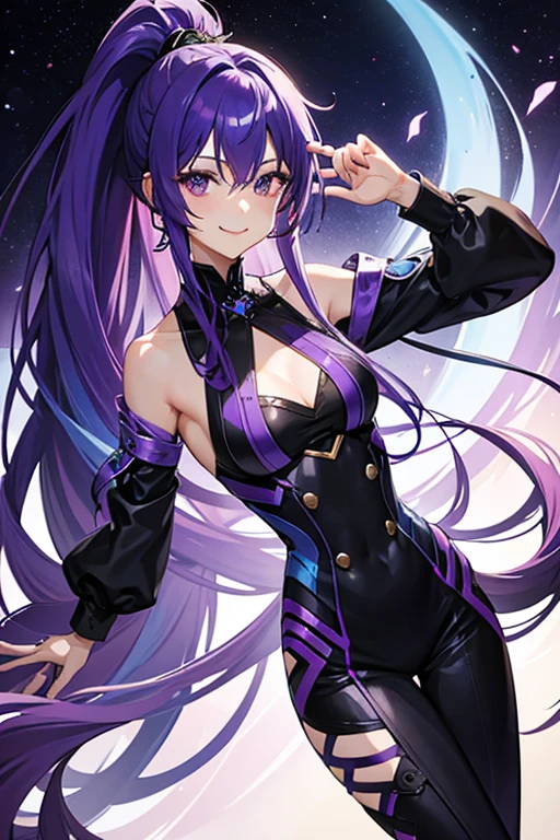 top-quality、Top image quality、masterpiece、girl with((black mecha suit、Shining gold mech suit、18year old、 Ager、cute little、Best Bust、big bast,Beautifully shining purple eyes open wide, cosmic hair、Longhaire、A slender,big moves in volleyball,headphone pose、Jumping and kicking)),hiquality、Beautiful Art、Background with((A world of shining galaxies)))、Depth((UFO)),masutepiece、depth of fields,Cinematic style