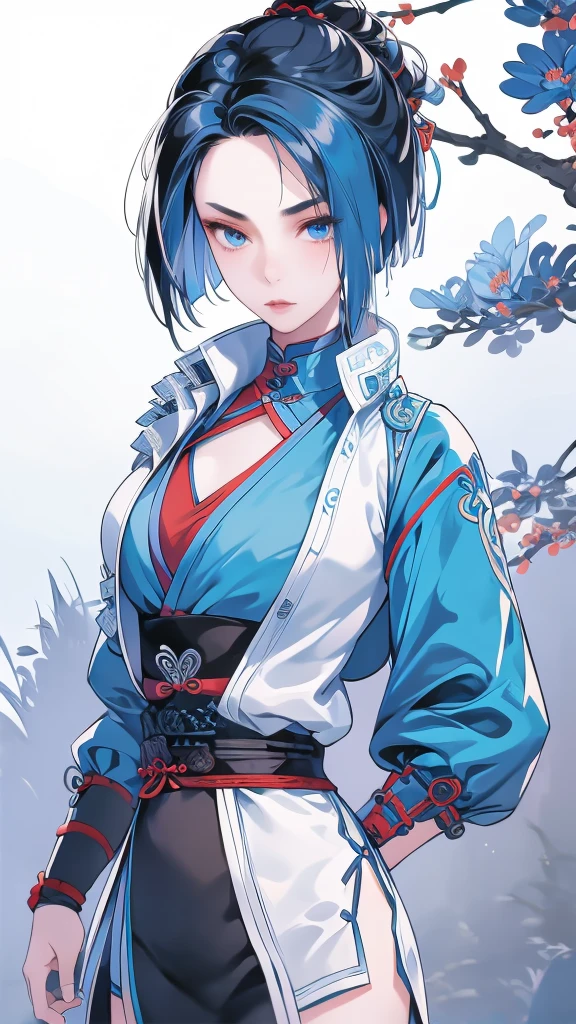 Masterpiece, Best quality, 1 Ji Ruxue, the expression is cold, strong, blue eyes, short hair, wolfcut hairstyle, smoky mix blue color hair, resolute eyes, red lips, simple Taoist Taoist uniform, Chinese mix morden, frontal photo, black or white background, simple background, anime, illustration, Chinese style short-sleeved shirt, cool girl, Ji Ru Xue, Fullbody, blank background , full HD, full body, leggy, standing position, simple background
