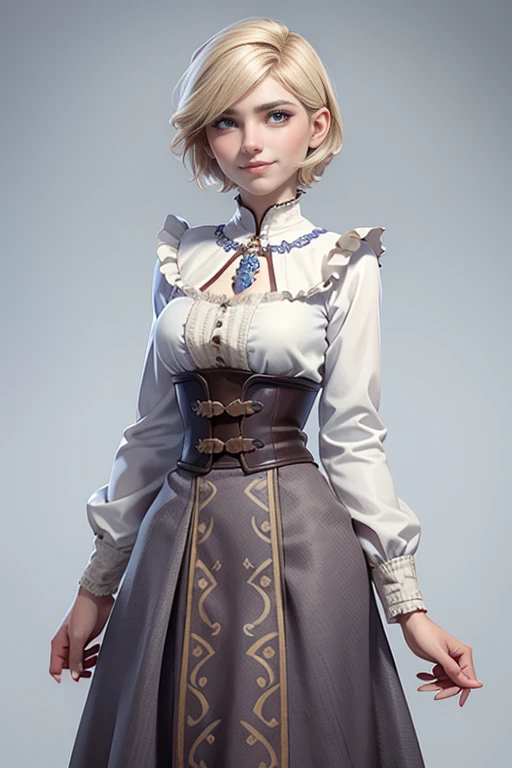 Medieval peasant woman ,  blue eyes ,  short blonde hair ,  Seductive smile, confident expression,  Dynamic posture , medieval dress,  gray and brown shreds,  masterpiece , super detail,  lyrics,  natural lighting ,  plain white background , without patterns, No textures.