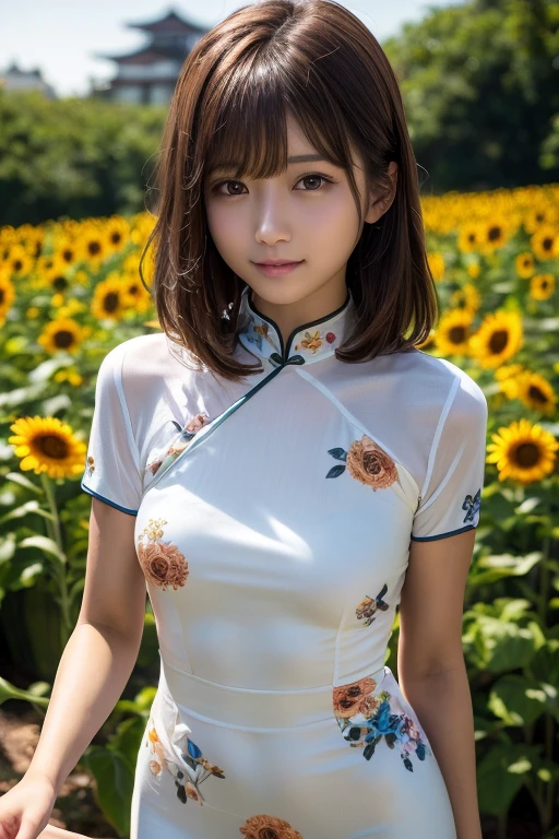 8k, RAW photo, ultra high res, best quality, masterpiece, Portrait photography, High resolution, perfect lighting, Cinematic lighting, ((a Japanese cute girl:1.2)), (18 years-old:1.2), (beautiful round-face:1.2), high detailed beautiful eyes, UHD eyes, (brown hair, medium hair, straight hair:1.2), (light smile, closed mouth:1.1), gleaming skin, beautiful skin without moles, medium breasts, (white short-sleeved cheongsam dress with floral print:1.2), ((view from front, looking at viewer:1.2)), in A flower garden with lots of sunflowers