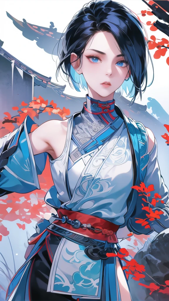 Masterpiece, Best quality, 1 Ji Ruxue, the expression is cold, strong, blue eyes, short hair, wolfcut hairstyle, smoky mix blue color hair, resolute eyes, red lips, simple Taoist Taoist uniform, Chinese mix morden, frontal photo, black or white background, simple background, anime, illustration, Chinese style short-sleeved shirt, cool girl, Ji Ru Xue, Fullbody, blank background , full HD, full body, leggy, standing position, simple background
