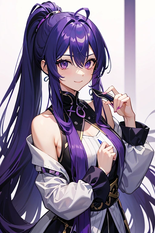 anime female demon with purple skin, long white hair, blue and amber eyes, and demon horns