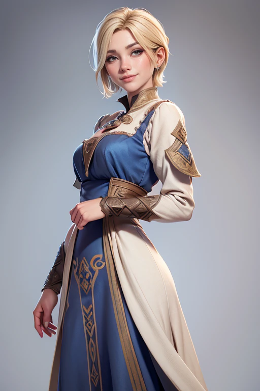 Medieval peasant woman ,  blue eyes ,  short blonde hair ,  Seductive smile, confident expression,  Dynamic posture , medieval dress,  gray and brown shreds,  masterpiece , super detail,  lyrics,  natural lighting ,  plain white background , without patterns, No textures.