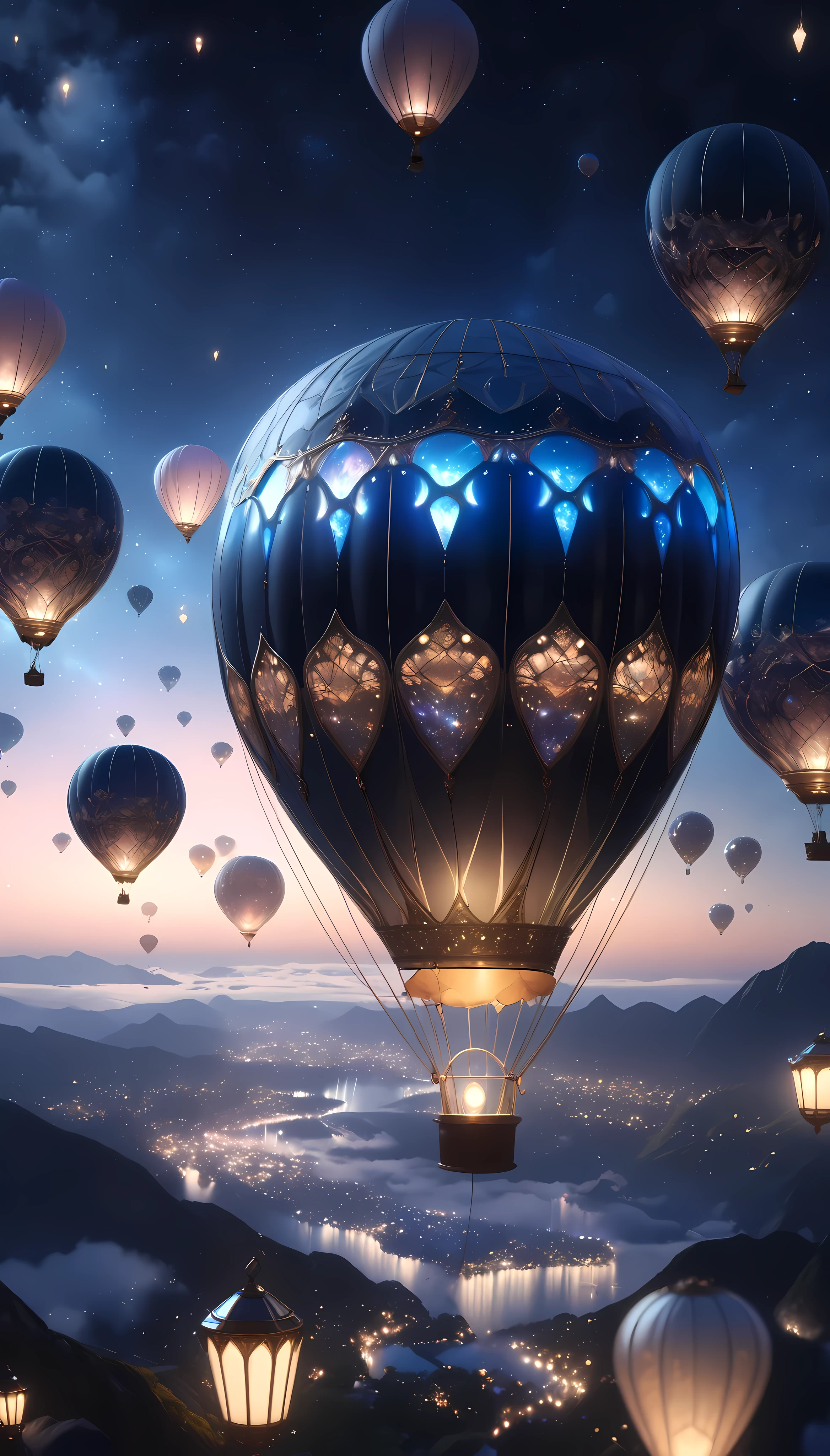 a hot air balloon floating in the night sky, digital art, surreal, hyperrealistic, cinematic lighting, glowing lanterns, dramatic atmospheric lighting, moody night sky, shimmering stars, ethereal, mystical, atmospheric, fantasy, seamless, elegant, whimsical, dreamlike, Crystal clear aesthetic brilliance, (best quality,4k,8k,highres,masterpiece:1.2),ultra-detailed,(realistic,photorealistic,photo-realistic:1.37)