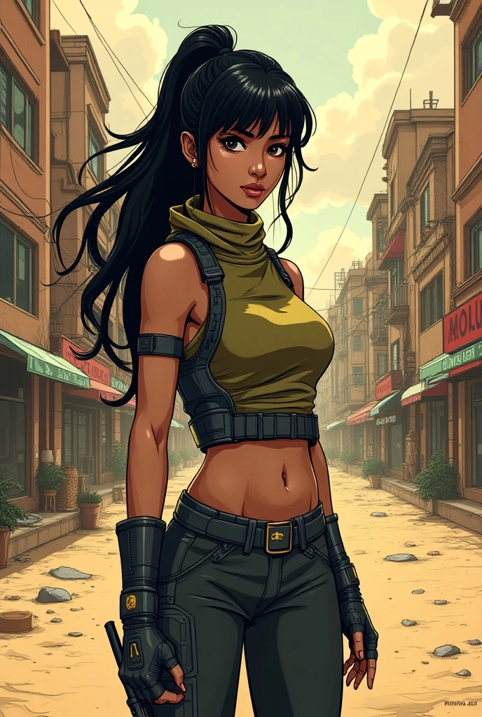 (masterpiece, best quality, high resolution, (huge breasts)) 1 beautiful woman, (((dark skin))) dark blue hair tied in a ponytail,, green eyes, sivernetic arms cyberpunk style, tank top, choker, cyberpunk style wide pants, boots, smile(white background, Stickers.Redmond ), ((full body standing)),