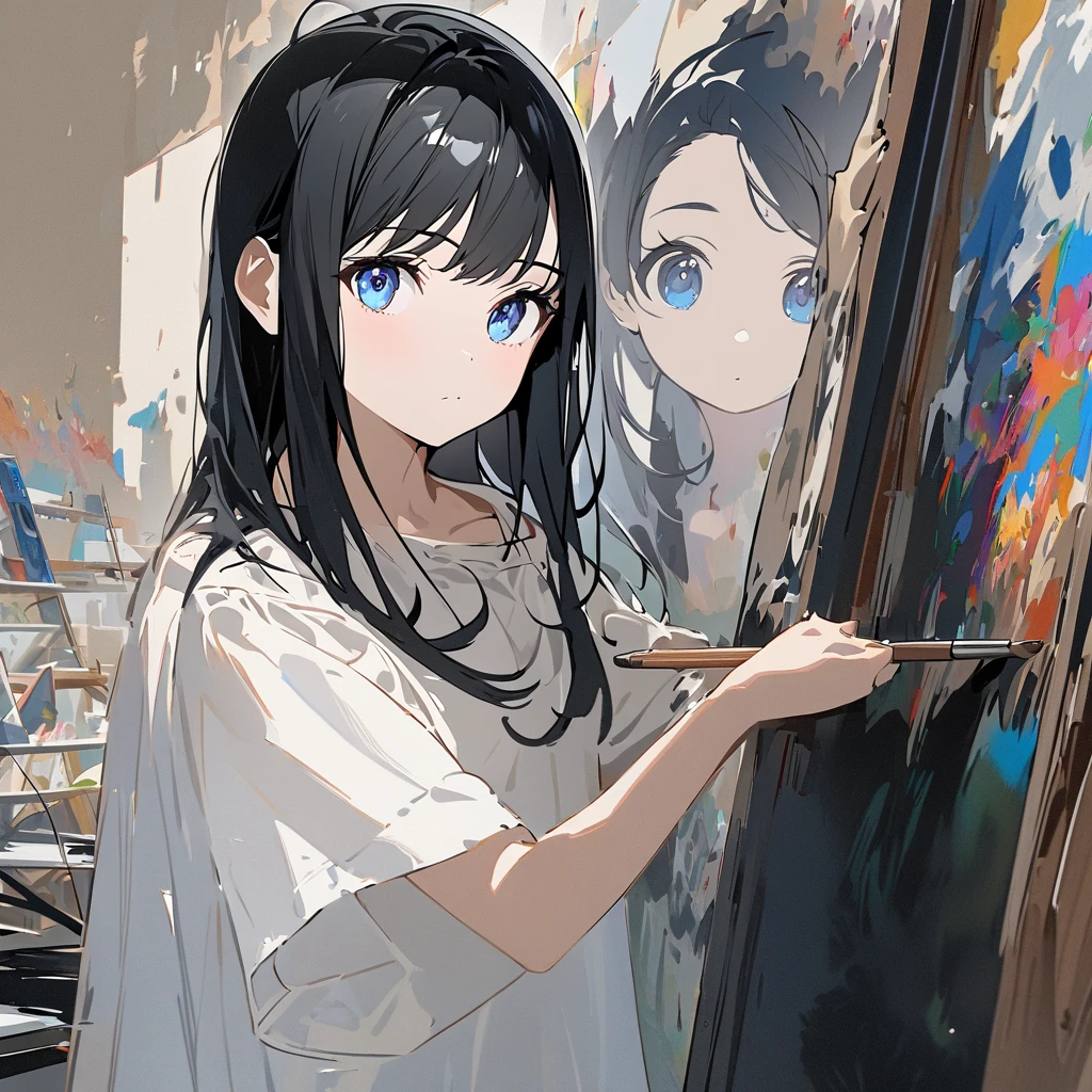 A girl knelt in front of the canvas, her hand gently placing the paintbrush on the canvas. The canvas was large and blank, with a portrait of a young girl with striking blue eyes and black hair. The girl's face is the main focus of the portrait and is prominently displayed in the foreground of the image. The girl, wearing a white top and black pants, appears to be working on the artwork. The background appears to be a cluttered studio filled with other canvases and art supplies, suggesting a workspace dedicated to creativity and artistic expression