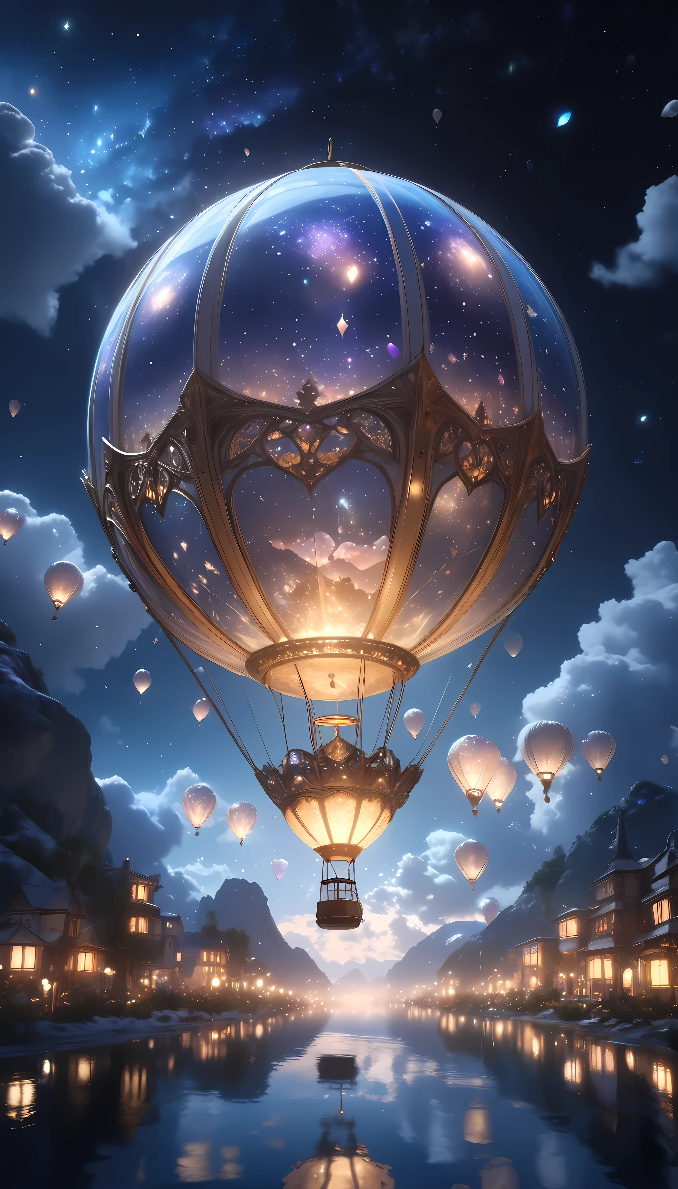 a hot air balloon floating in the night sky, digital art, surreal, hyperrealistic, cinematic lighting, glowing lanterns, dramatic atmospheric lighting, moody night sky, shimmering stars, ethereal, mystical, atmospheric, fantasy, seamless, elegant, whimsical, dreamlike, Crystal clear aesthetic brilliance, (best quality,4k,8k,highres,masterpiece:1.2),ultra-detailed,(realistic,photorealistic,photo-realistic:1.37)