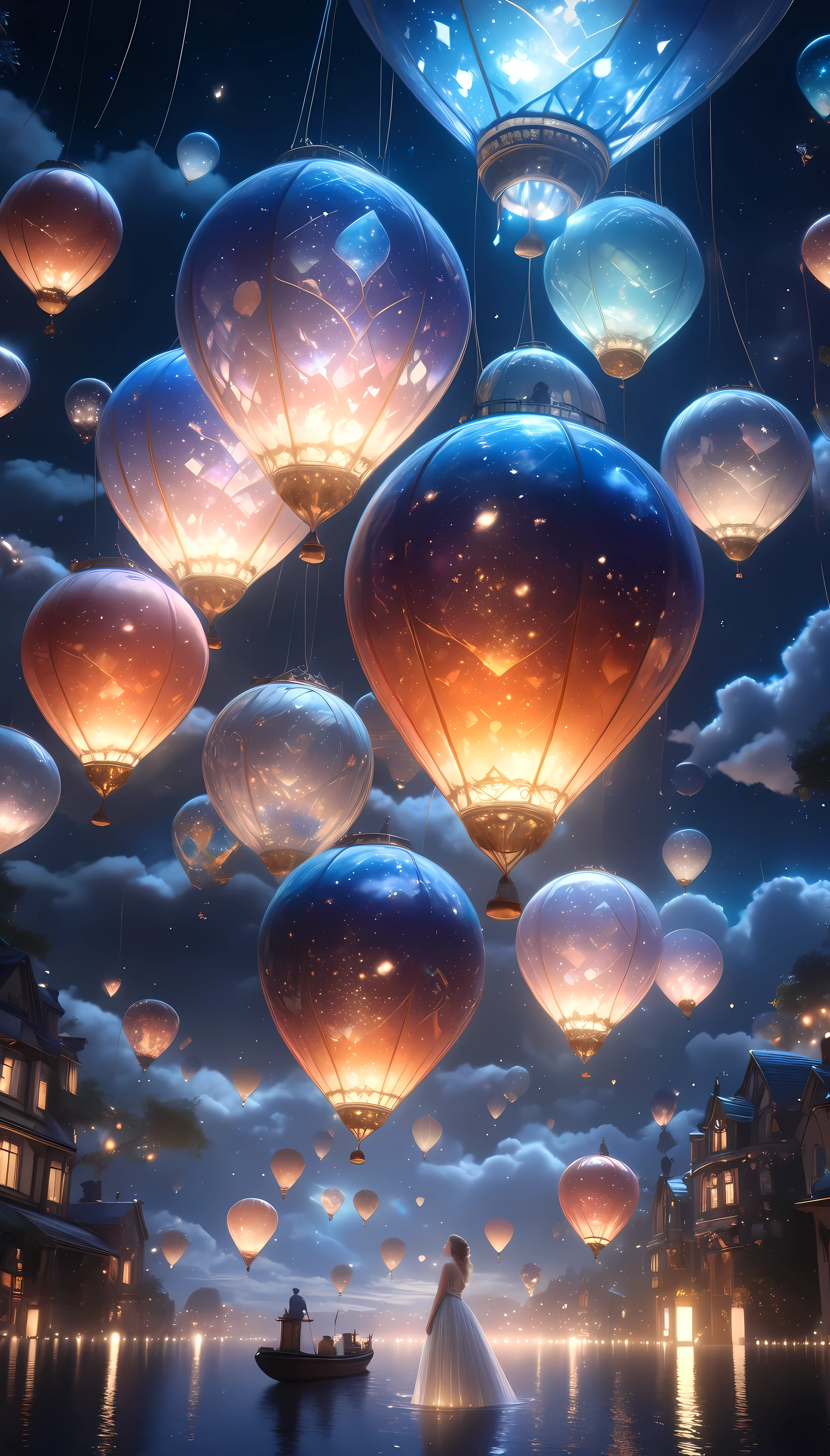 a hot air balloon floating in the night sky, digital art, surreal, hyperrealistic, cinematic lighting, glowing lanterns, dramatic atmospheric lighting, moody night sky, shimmering stars, ethereal, mystical, atmospheric, fantasy, seamless, elegant, whimsical, dreamlike, Crystal clear aesthetic brilliance, (best quality,4k,8k,highres,masterpiece:1.2),ultra-detailed,(realistic,photorealistic,photo-realistic:1.37)