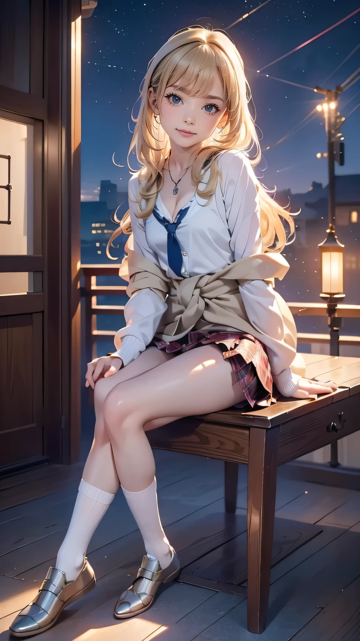 more absurd, ultra-detailed,bright colour,(in 8K:1.3),masuter piece,extremely beautiful detailed face and eyes, 25 years old,(School Uniforms:1.2), (gals:1.2), (White shirt:1.3), (Tie a beige cardigan around your waist:1.3), ((cleavage, Unbuttoned):1.2), (Plaid pleated skirt:1.2), (Necklace,Colorful bracelets,(Loose socks:1.4),Double peace,X-Hair,aurora、city light、 constellation 、crescent,intergalactic,lamp post, Particles of light, long-sleeve, milkyway, natta, nigh sky, outside of house, planets, Power lines, shooting stars, Skysky, Skyscraper, solo、Stargazing,Star_\(skyporn\)、starrysky、Winters、(Smooth straight blonde hair:1.3), (Shiny hair:1.2), Delicate beautiful face, red blush、Deep Blue Eyes, (Happy smiling face:1.2),Small necklace,(Sit on a chair and cross your legs),full body