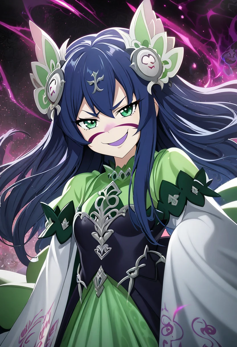 1 girl, dark blue hair, hair between eyes, long hair, dark green eyes, mischievous smile, malicious attitude, malicious expression, smug expression, pompous princess dress, CG