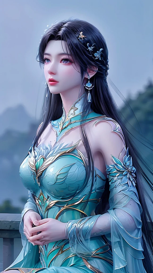 "An extremely beautiful queen,(best quality,4k, highres,masterpiece:1.2),ultra-detailed,(realistic,photorealistic,photo-realistic:1.37),beautiful q, sparkling crown, colorful gemstones, golden scepter, elegant pose, soft lighting, vibrant colors,delicate facial features, long flowing hair, black eye pupils, The big, round platinum eyes are beautiful and super detailed, red and detailed makeup eyebrows, mouth closed tightly, dreamy atmosphere, the most perfect body, ethereal beauty, proud expression, clasped the hands behind her back, strikingly graceful, lovely and charming, attention to detail, regal and majestic,fairytale-like ambiance,1 girl, 1 alone, full body, blue dressHere's a text prompt you can use to generate an image similar to the one you uploaded:

"Create a serene scene of a beautiful young woman  She is sitting gracefully on a stone bridge with cherry blossom trees around her, pink petals gently falling. The setting is in a peaceful mountain landscape, with misty mountains and a calm lake in the background. The lighting is soft and warm, capturing the essence of a calm spring morning. The woman's expression is calm and thoughtful, and her hair flows gently in the breeze.

Here's a detailed text prompt based on the character in the image:

"A beautiful, ethereal young woman stands gracefully, dressed in an elegant, flowing turquoise gown with layered ruffles on the shoulders and a high, structured bodice adorned with golden details. Her dress flares out into a short, light skirt with a layered hem, while a long, translucent, flowing cape-like garment drapes from her arms, adding a sense of fluidity to her appearance. She has long, straight black hair cascading down her back, partly pulled up and adorned with delicate floral accessories. Her expression is calm and serene, with soft facial features, pink lips, and a slight blush on her cheeks. She holds a glowing lotus-shaped light in her outstretched hand, which emits a soft, warm golden glow with 
