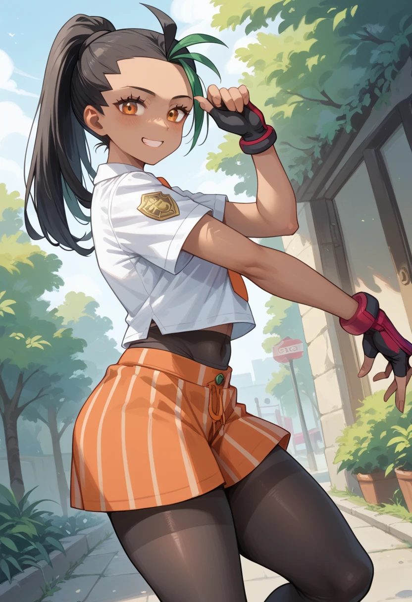 (masterpiece, highres, best quality, looking from viewer, 1girl, solo), Nemona \(Pokemon\), black hair, green hair, orange eyes, dark skin, multicolored hair, two-tone hair, hair pulled back, thick thighs, huge ass, black pantyhose, orange skirt, orange pantyhose shirt, poses, lewd smile