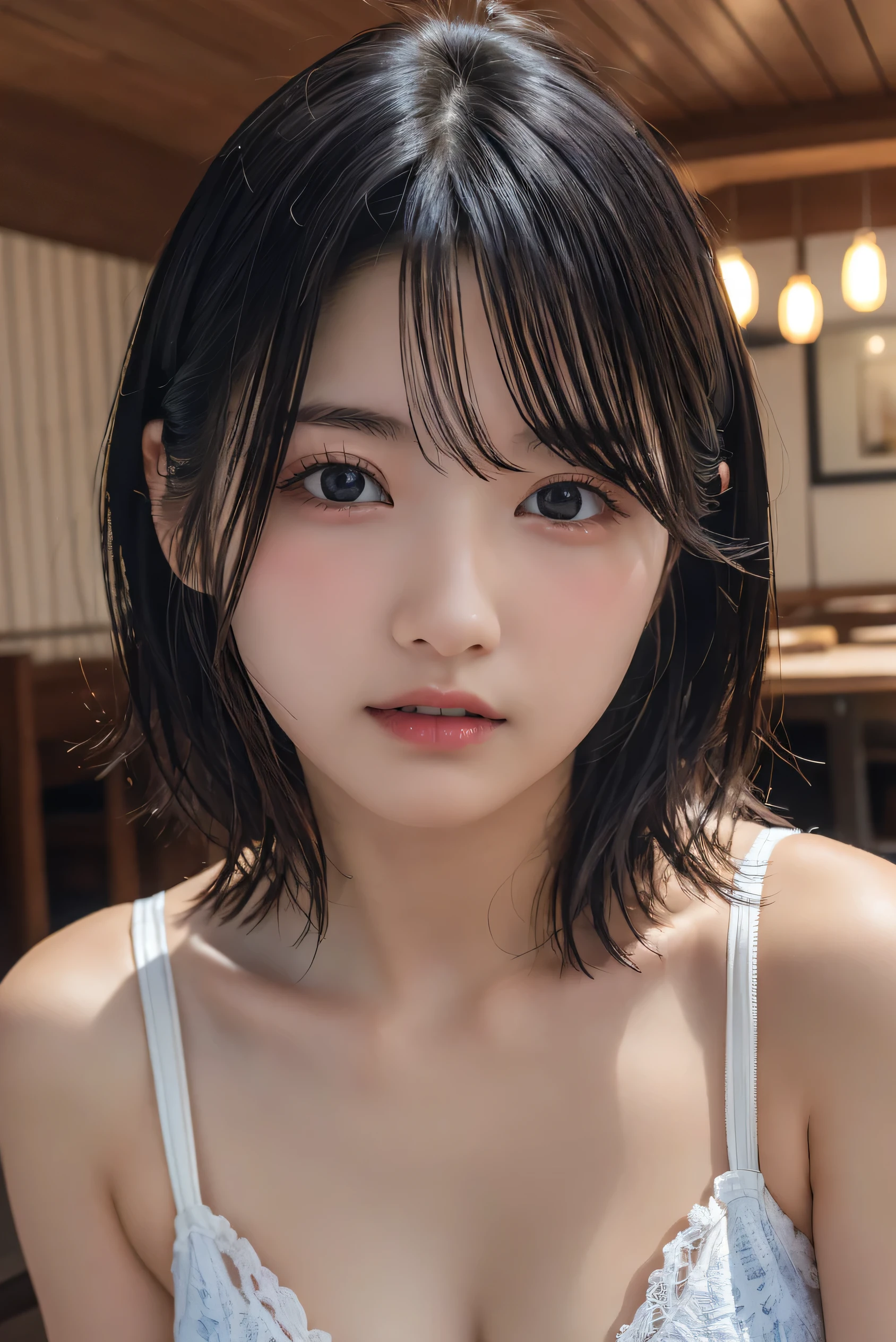 Kusatsu Onsen in Japan、Naked beauty、20-year-old、university student、(Shoulder-deep in the bathtub、Only the face is shown)、All hair tied back、Medium build、Small Bust、Small face、Wooden bathtub、 black hair, straight hair, wet hair, tied hair, low-tied long hair, parted lips, ear blush, full blush, skin fang, happy, Surrealism, cinematic lighting, first-person view, pov, wide shot, f/1.2, Nikon, UHD, best quality, highres, 8k, textured skin, anatomically correct