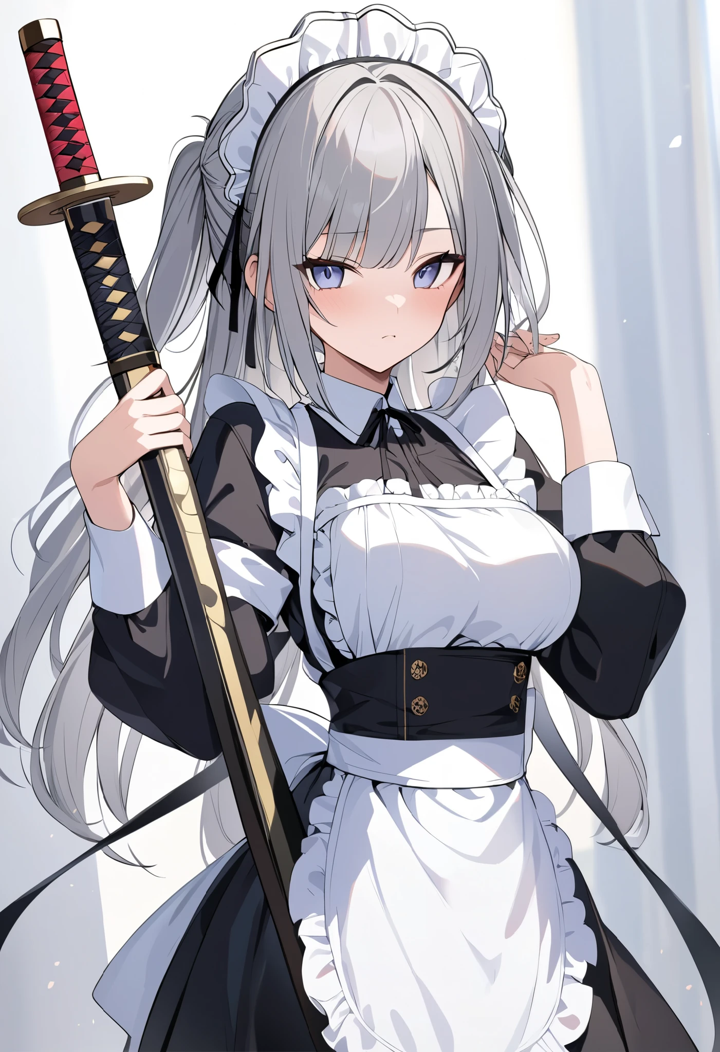 (((Best quality, 8k, Masterpiece: 1.3)), ((best quality)), ((masterpiece)), (detailed), perfect face, perfect body, (detailed skin:1.3), (intricate details), maid, samurai, samurai sword, muramasa, maid apron, maid costume, gray hair, 