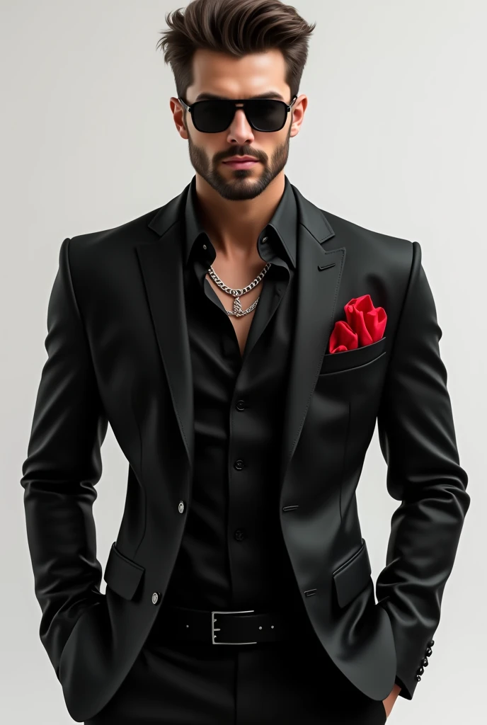 Man wearing all black suit ,black shirt with one button open and red pocket square , silver chain , no tie