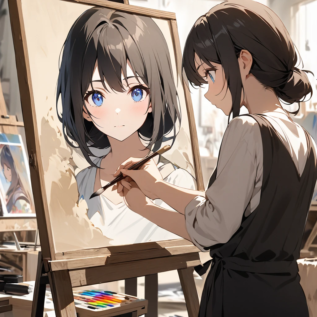 A girl knelt in front of the canvas, her hand gently placing the paintbrush on the canvas. The canvas was large and blank, with a portrait of a young girl with striking blue eyes and black hair. The girl's face is the main focus of the portrait and is prominently displayed in the foreground of the image. The girl, wearing a white top and black pants, appears to be working on the artwork. The background appears to be a cluttered studio filled with other canvases and art supplies, suggesting a workspace dedicated to creativity and artistic expression