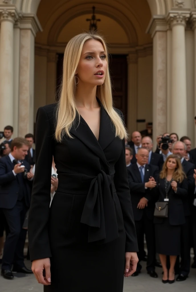 Stepping out of her armored car, the President of the United States is surrounded by her bodyguards. The tension is intense, President of the United States is a woman 30 years old, very long straight hair, very blond hair, slim, blue eyes, wearing a cream color futurist long royal dress with a printed circuit board cape, mix of armor and dress and a royal crown, intense gazing eyes, as a conceptual AI, ultra-resolution, intricately detailed, medium shot, low angle, 8k by Helmut Newton