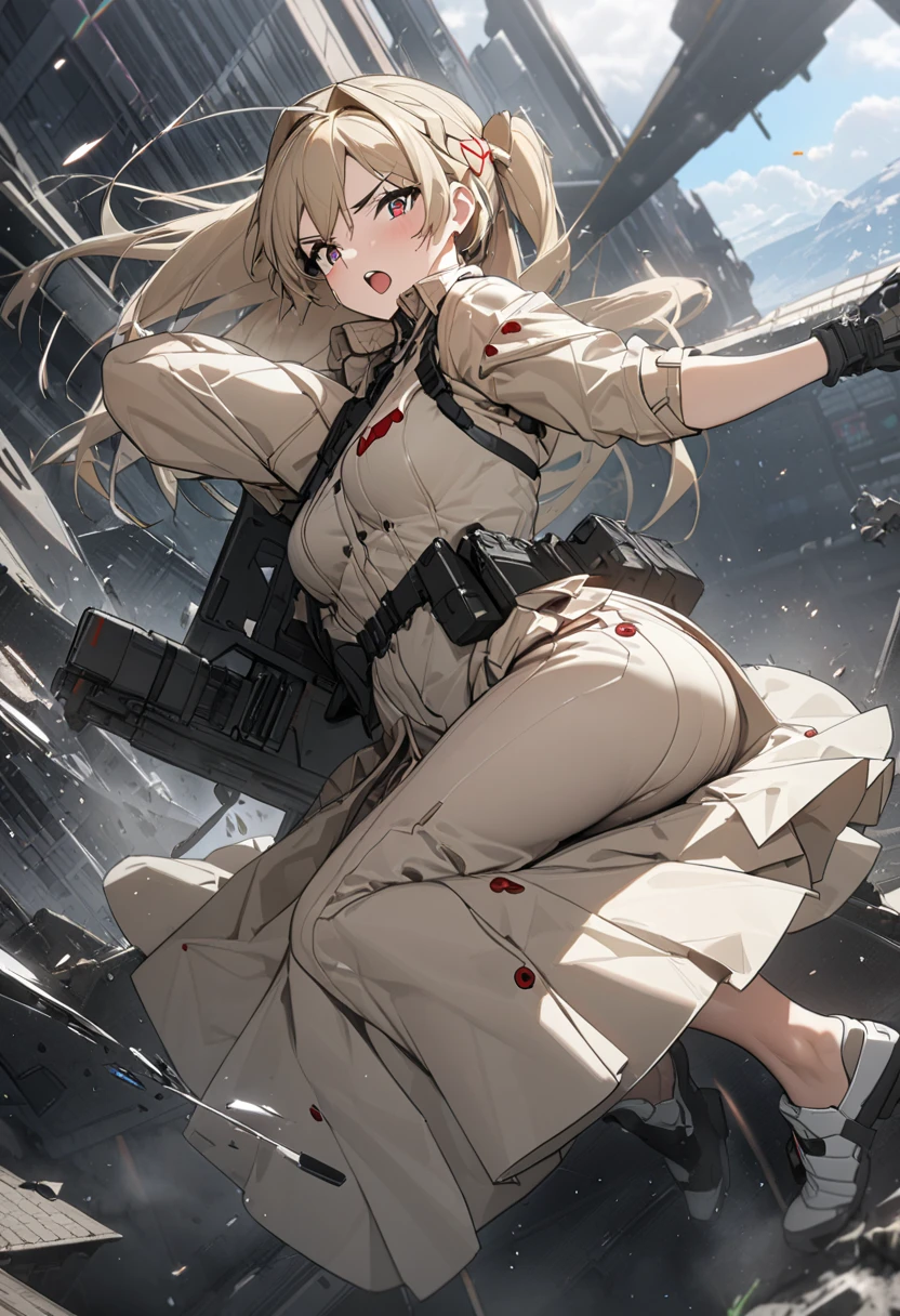  a woman in a bodystocking fights with a man who has ammunition hanging on his arm, a destroyed factory