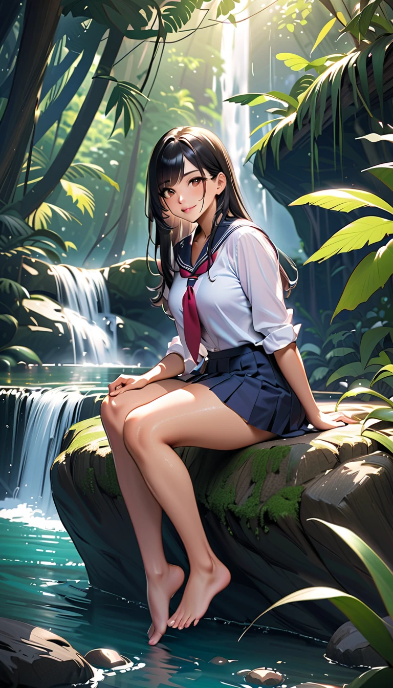    long black hair fluttering in the wind ,  shiny lips,  brown eyes ,   tanned skin  ,   slightly tilted head  , Blue school uniform,short skirt,  visible thighs,   sitting on rock , thick thighs ,, bare feet, The whole body,  View of the waterfall in the jungle  ,    smiling confidently and seductively  ,  small depth of field  ,highlighting the main subject,  soft natural lighting  , creating a dreamy and magical atmosphere . 
