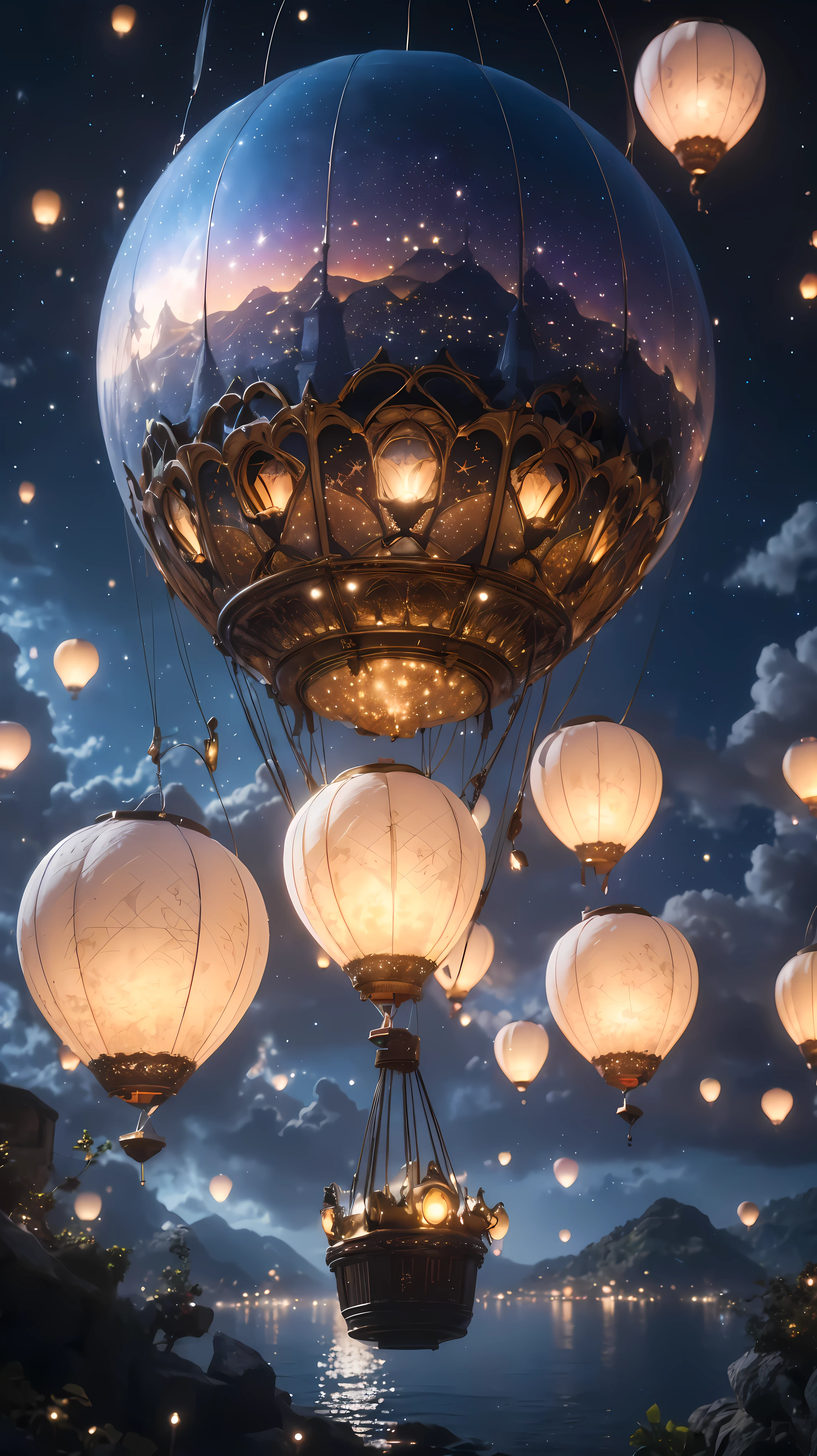 a hot air balloon floating in the night sky, digital art, surreal, hyperrealistic, cinematic lighting, glowing lanterns, dramatic atmospheric lighting, moody night sky, shimmering stars, ethereal, mystical, atmospheric, fantasy, seamless, elegant, whimsical, dreamlike, (best quality,4k,8k,highres,masterpiece:1.2),ultra-detailed,(realistic,photorealistic,photo-realistic:1.37)