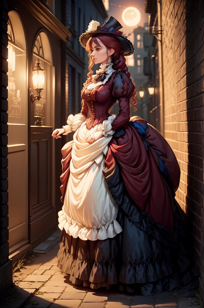 Noble ladies fashion full body in Victorian Era dress red, blue, green a conservative full body pose of a 1910 woman wearing a small hat and business attire and a long skirt , standing in a dark alleyway with gas lighting, a full moon in the background, beautiful character painting,Extremely dark 