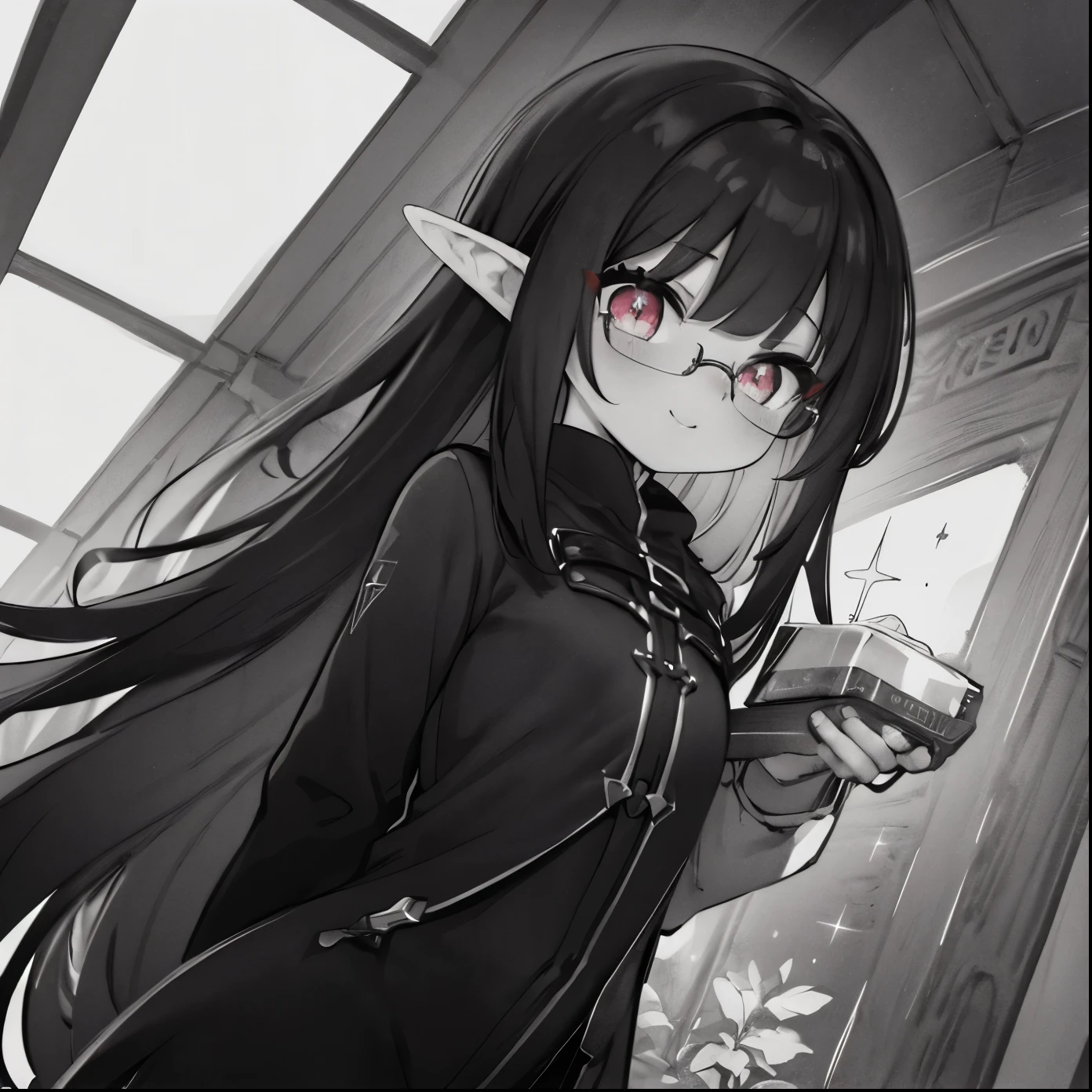 (monochrome:1.7),(red sparkle eyes:1.3),8K,(masterpiece),high resolution,best quality,(ultra-detailed),ultra detailed eyes,girl is elf,(black color hair:1.1),(inner hair color is white:1.5),BREAK,(light smile,earth eyes,long hair,elf ear,fair skin),(wear shiny black suits and pants:1.1),silver glasses,hands in front of body,form side,ancient forest,tree
