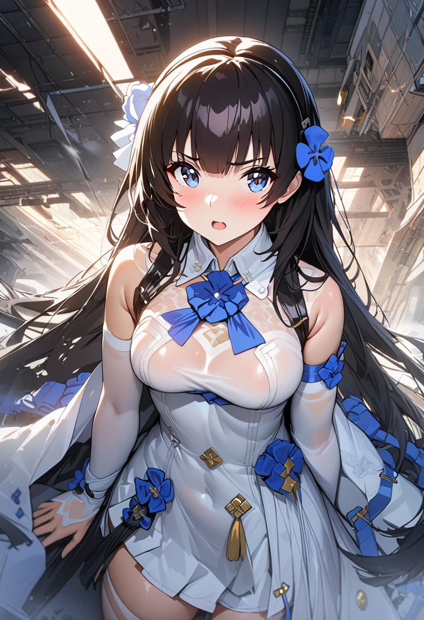 {8K Photo Quality:1.2}、{Ultra-high resolution photo quality:1.2}、{Super Real 1.2}、{Perfect limbs}、masutepiece、1womanl、Solo、White and Blue Companion Costume、Blue and white flared skirt、White lace panties、poneyTail、Puffy nipple、Event Venues、Chest Emphasis Pose、Shyness、Dynamic sexy poses、smil、Long Wave Hair、Big breasts、Stockings、hands on the ass