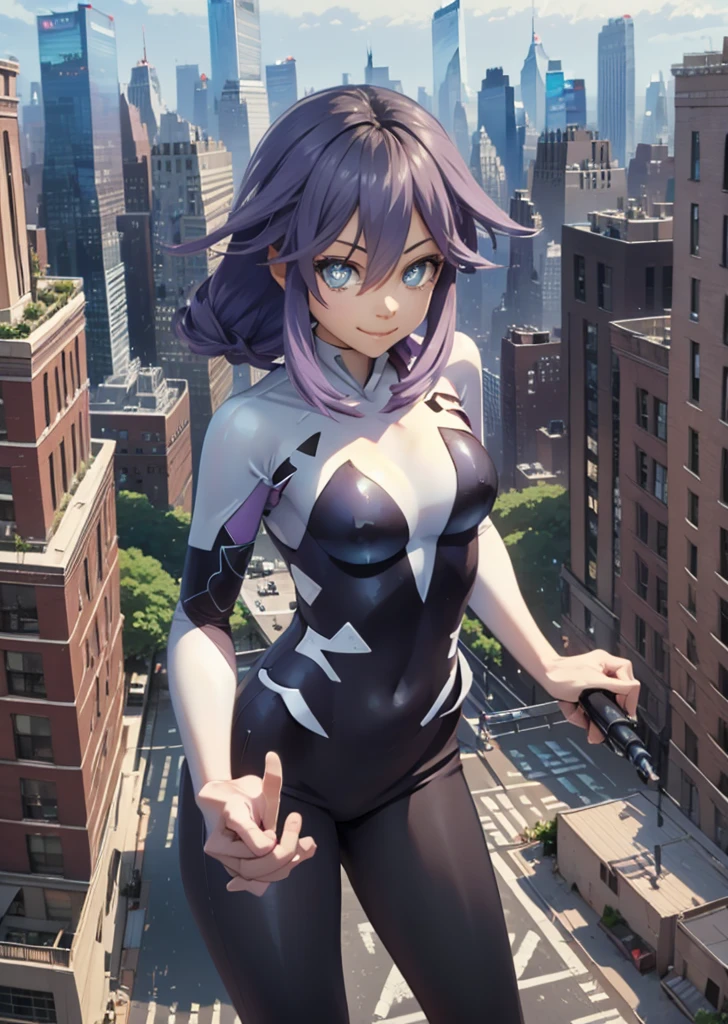  Masterpiece picture quality ，Urban girl ，smile，Punk Girl，in an anime style， from a rooftop looking at a New York cityscape in the background, aware that she is the savior of the city 