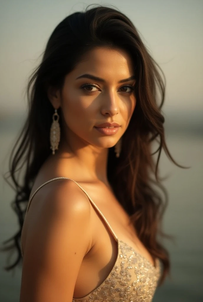 nude, no cloths,Portrait of A confident-looking indian woman with long flowing hair, hazel eyes, with flowing capes, ocean background, bokeh, perfect composition, hyperrealistic, super detailed, 8k, high quality, trending art, trending on artstation, sharp focus, studio photo, intricate details, highly detailed, art by greg rutkowski