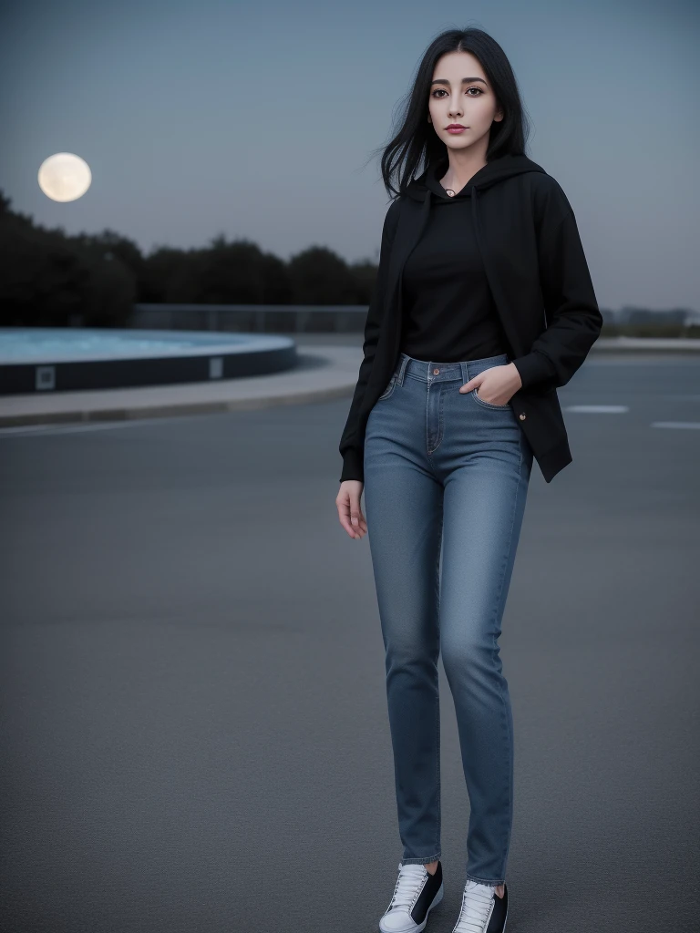 a woman in a black jacket and blue jeans standing in front of a large moon, wearing elegant casual clothes, wearing jeans and a black hoodie, inspired by Maryam Hashemi, smart casual, wearing an elegant outfit, inspired by Ambreen Butt, elegant girl in urban outfit, casual business outfit, wearing a dark shirt and jeans, full body picture, sleek outfit