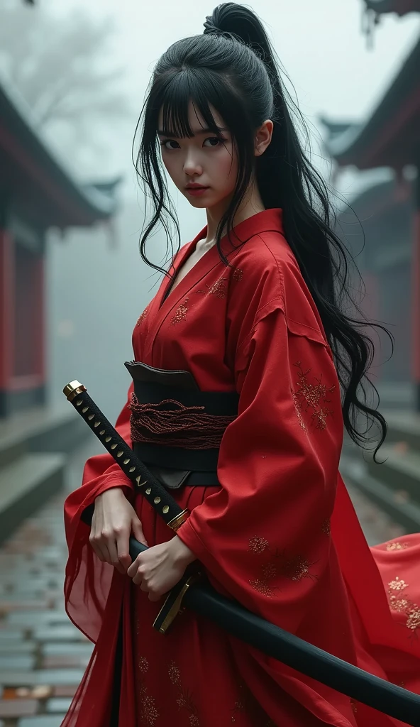 A girl dressed as a shrine maiden doing a tea ceremony in a tea room