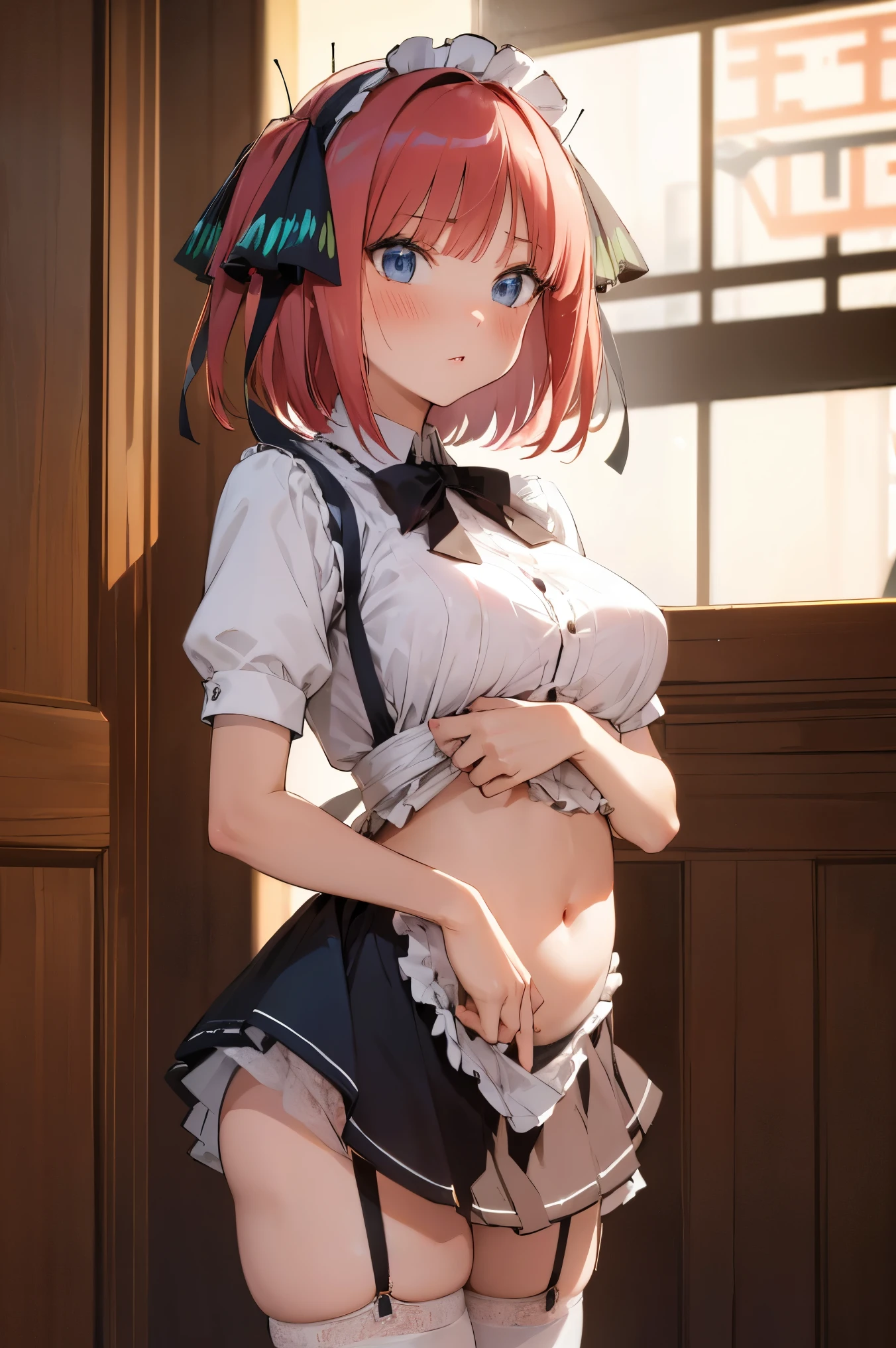 anime girl with pink hair and green skirt posing in front of a city, seductive anime girl, a hyperrealistic , hyperrealistic , [ 4 k digital art ]!!, touching her clothes, smooth anime cg art, the anime girl is crouching, clean detailed anime art, small curvy , city in the background, extremely detailed CG unity 8k wallpaper, best quality, ultra-detailed, masterpiece, realistic, photo realistic, extremely detailed cute girl, 20years old, (((skirt lift by myself))), (lifted by self),  panties , panties focus, blush, parted lips, looking at viewer  , half body shot  , (crowd), (crowded city) , wavy hair, ultra-detailliert、​masterpiece、top-quality、超A high resolution、8K high image quality、Photogenic clarity、A detailed eye、gradients、perfect anatomy body proportions ,hard disk、nffsw , Nikon Z9 80mm Lens , masutepiece、Model Standing、(((Minuscule panties、Small micro panties、Pubic hair can be seen through the lace of the panties)))、(((Panties are lace pale pink panties.)))、(((Dark blue school uniform、White blouses、Cute white white short sleeve blouse with ribbon、short loose socks、dark brown loafers)))、(((See all panties)))、(((The skirt is definitely worn)))、(((Lift skirt hem)))、Sit in a triangle with your thighs slightly inward、panties focus、too bright natural light、Sunshine、Detailed lace panty pattern、Plain white panties、(((Lifting skirt while standing to show off panties to camera)))、(((Beautiful alignment and snow-white teeth)))、(((Lift the skirt bigger and bigger、Show your panties to the camera)))、The most popular and beautiful employees of the company、Ultra slim body Gcup bust、Body shape of slim model、Beautiful posture、Spring outdoor、During the School Cultural Festival、Lots of people、2d, masterpiece, best quality, anime, highly detailed, 1 girl, solo, cowboy shot, nakano nino, pink hair, short hair, butterfly hair ornament, blue eyes, black cardigan, white collared shirt, cleavage, green skirt, miniskirt, black loafers, white stockings, large bre