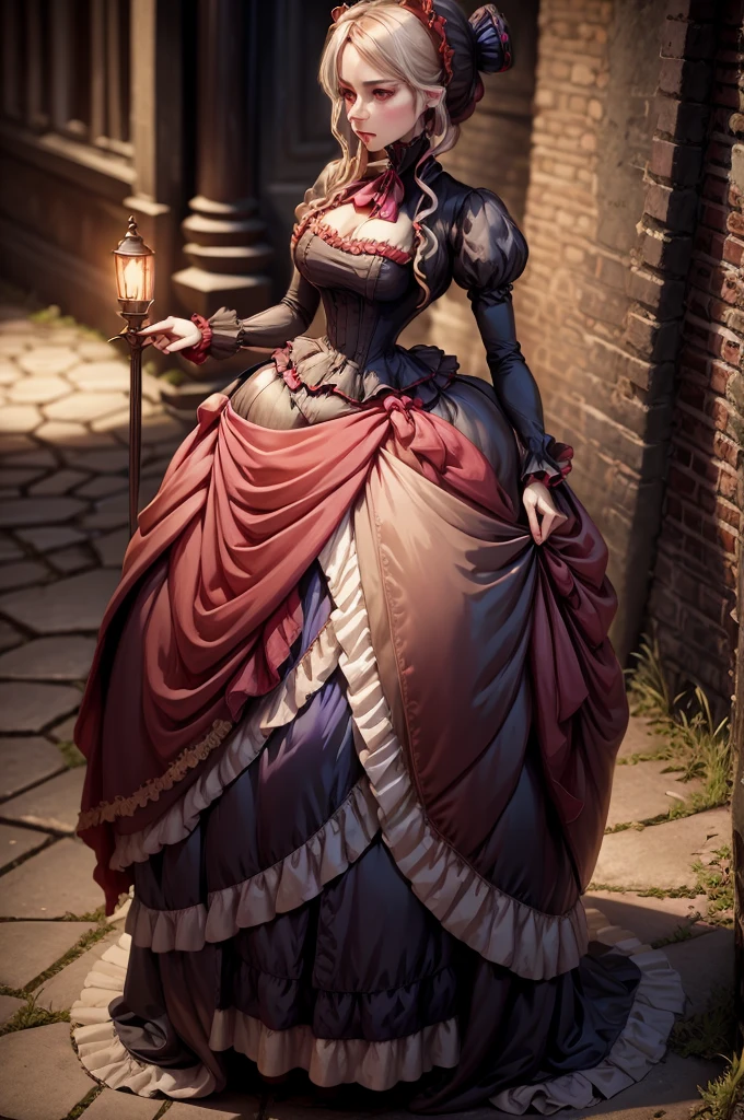 Noble ladies fashion full body in Victorian Era dress red, blue, green a conservative full body pose of a 1910 woman wearing a small hat and business attire and a long skirt , standing in a dark alleyway with gas lighting, a full moon in the background, beautiful character painting,Extremely dark 