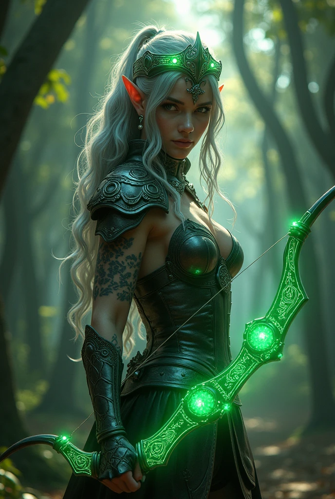 create a highly detailed hyper realistic image of a female elf standing in the middle of a forest wearing a light emitting crown with intricate patterns above her forehead, wearing metal armor with intricate pattern details and holding an electric green glowing bow with intricate patterns and motifs. Her long, wavy gray hair and pointed ears add to the magical impression. The intricate tattoos on his arms and body were clearly visible, while his armor was decorated with intricate motifs and exquisite details. The bow she was holding emitted a very detailed bright green light, giving off an aura of power and mystery, the woman tilted her body and prepared to attack facing the audience. The forest backdrop with dramatic lighting adds a mystical atmosphere to this image.