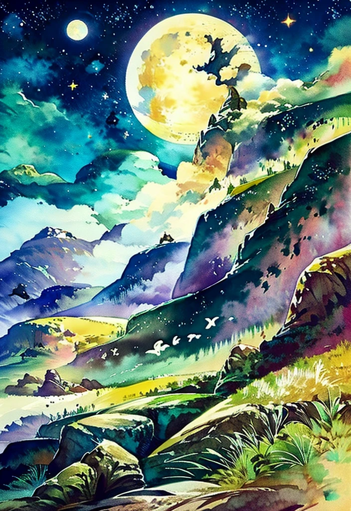 Masterpiece, best quality, {best quality}, {{masterpiece}}, {highres}, {{{field field}}, watercolor painting of a night sky full of stars and a big bright full moon. use colors blue, purple and pink