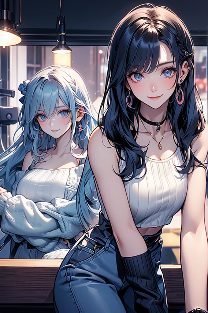 Official fine art,tmasterpiece,Sharp focus,(Beautiful gorgeous lovely Korean women:1.3),(beautiful lovely Korean people:1.3),South Korean beauties,Delicate and beautiful hair and eyes and face,realisticlying,ultra - detailed,a beauty girl,blue-sky,Glowing white particles,(sidelighting:1.2),rays of sunshine,baiyun,Detailed clouds,Slender,Cute big breasts and big buttocks,Toothy laughter,((Laugh and open your eyes)),scenecy,Long straight hair, Black crop top vest,black short skirt,sexy facial expression, buliding, (cityscape:1.7), Dynamic hair, Long straight hair, Delicate platinum-pink hair, glow blue eyes, (blue pleated shirt+white skirt), long white socks, paleskin, hair adornments, Epic forest scenery,