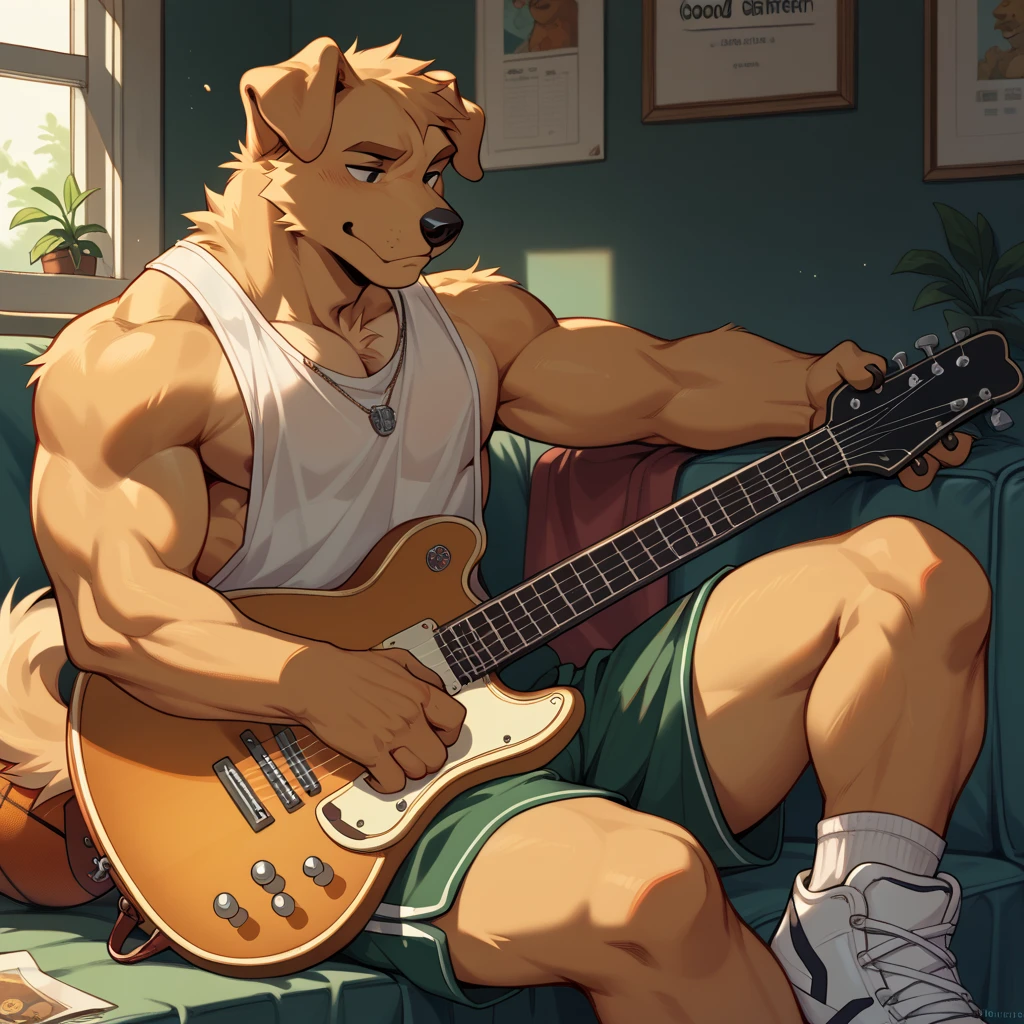 furry, furry golden retriever guy, shirtless (no shirt), dark green basketball shorts, playing a guitar, handsome, twink, ((good quality))