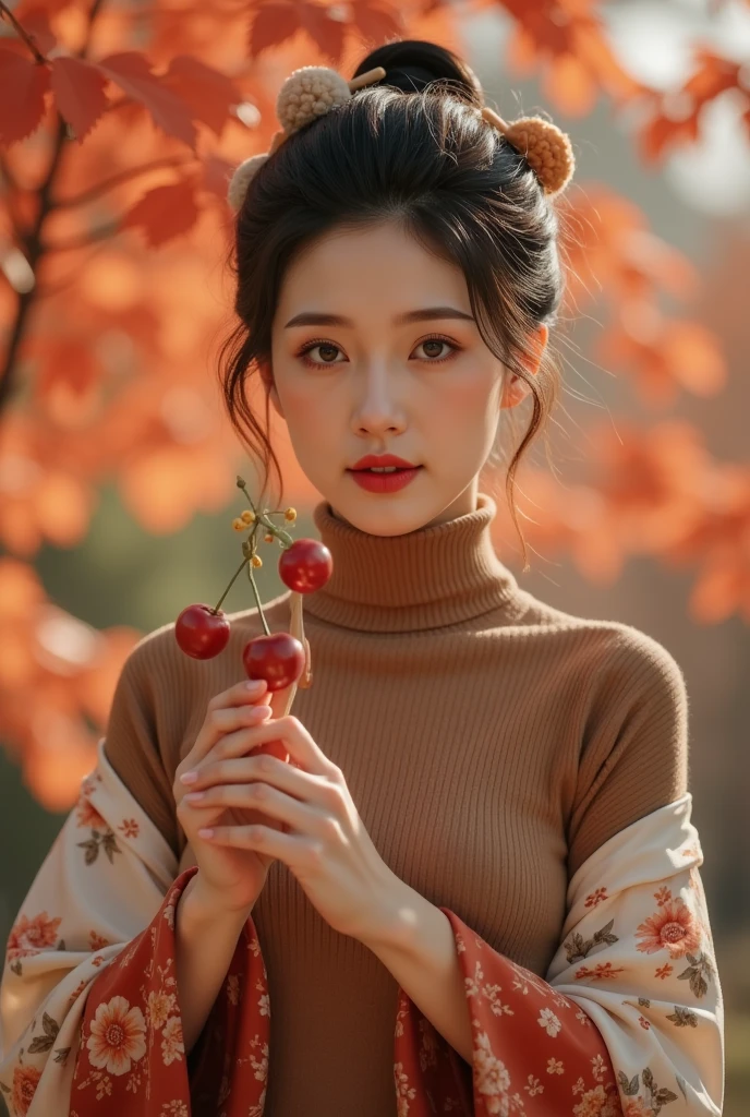  realistic , Real photos,  anatomically correct, Accurate,  Textured Skin ,  super detailed, 
whole body,  1 girl at home,  Beautiful Japanese Women , 
 watches the audience ,  faint smile, Natural Makeup, 
Large target , Attractive figure, plum drum stick , 
( wearing a turtleneck:1.2), Fall Clothing, 
(Autumn forest ,   are full of red leaves :1.4), ( Spectacular fall sunset sky:1.2) ,  Autumn trees in the foreground  ,   Autumn trees and leaves  ,  
breeze, Natural Light, (Backlight), (Face rim light:1.2),  blurry background, Depth of Field,  Ultra HD, 8K