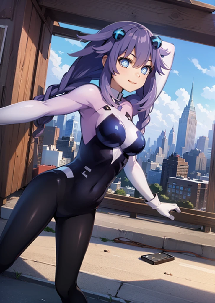  Masterpiece picture quality ，Urban girl ，smile，Punk Girl，in an anime style， from a rooftop looking at a New York cityscape in the background, aware that she is the savior of the city 