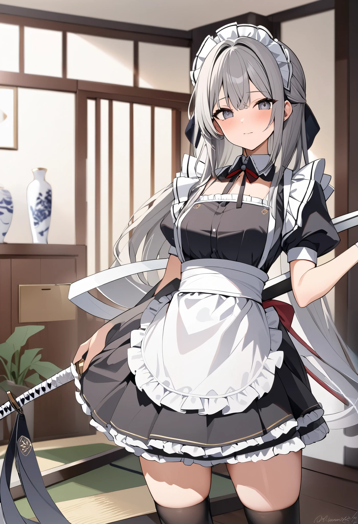 (((Best quality, 8k, Masterpiece: 1.3)), ((best quality)), ((masterpiece)), (detailed), perfect face, perfect body, (detailed skin:1.3), (intricate details), maid, samurai, samurai sword, muramasa, maid apron, maid costume, gray hair, 