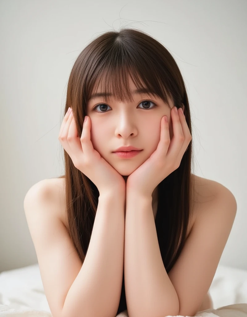 A high resolution photograph of a young Japanese petite girl, photo realistic, masterpiece, intricate details, extremely detailed, sharp focus, volumetric lighting, portrait, solo, 1girl, (full frontal, naked and covering nipples with both hands:1.5), (long straight hair with blunt bangs), smile, perfect hands, indoors, home, bedroom ,