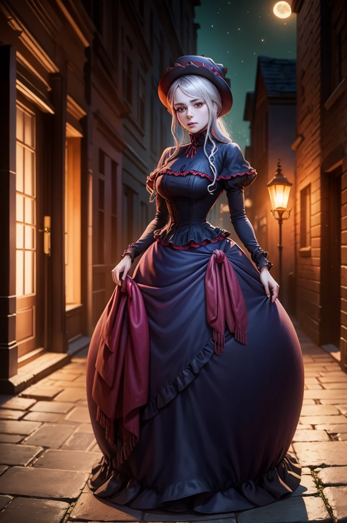 Noble ladies fashion full body in Victorian Era dress red, blue, green a conservative full body pose of a 1910 woman wearing a small hat and business attire and a long skirt , standing in a dark alleyway with gas lighting, a full moon in the background, beautiful character painting,Extremely dark 