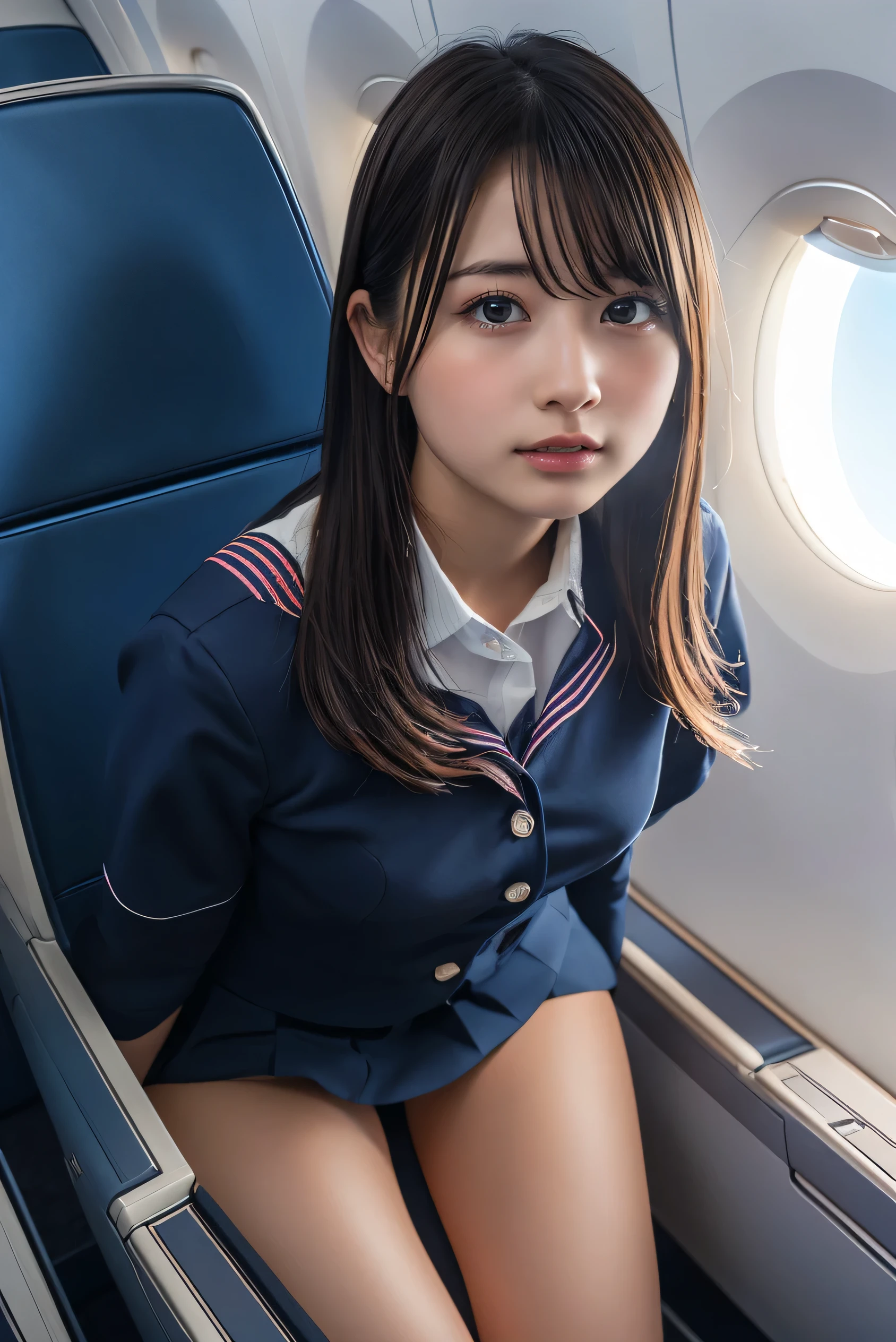 highest quality,Very detailed,masterpiece,Realistic,Realistic,Bright lighting,One Girl, Very beautiful 17 year old girl, (cute:1.2),A faint smile, (Brown eyes),(Brown haired),(prohibit),Shortcuts、Perfect glowing skin,Perfect Skin,((erotic,Sexy and sexually explicit)),((Precise needles without discomfort)), Big ample breasts,Accentuate your cleavage、big breasts and small waist, Look at the viewers,((Sailor suit)),((Short sleeve uniform white shirt)),(Red tie),(Mini pleated skirt in blue),(((Roll up the skirt yourself))),(I lifted it myself),(Showing panties),Wearing panties,Panty Focus,((get up,Spread your legs)), socks, (黒のニーsocks),(Loafer shoes), Daytime,in the train,Sit sideways with your back to the window