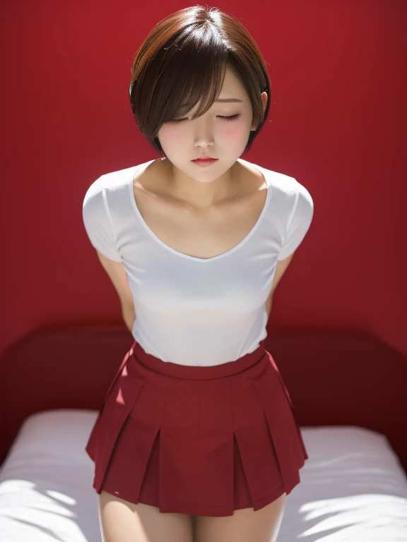 1boy, wearing casual skirt panties, high heels, Japan, incoming kiss, crying, black short hair, simple background, hands behind your back, standing, red ribbon, front view,