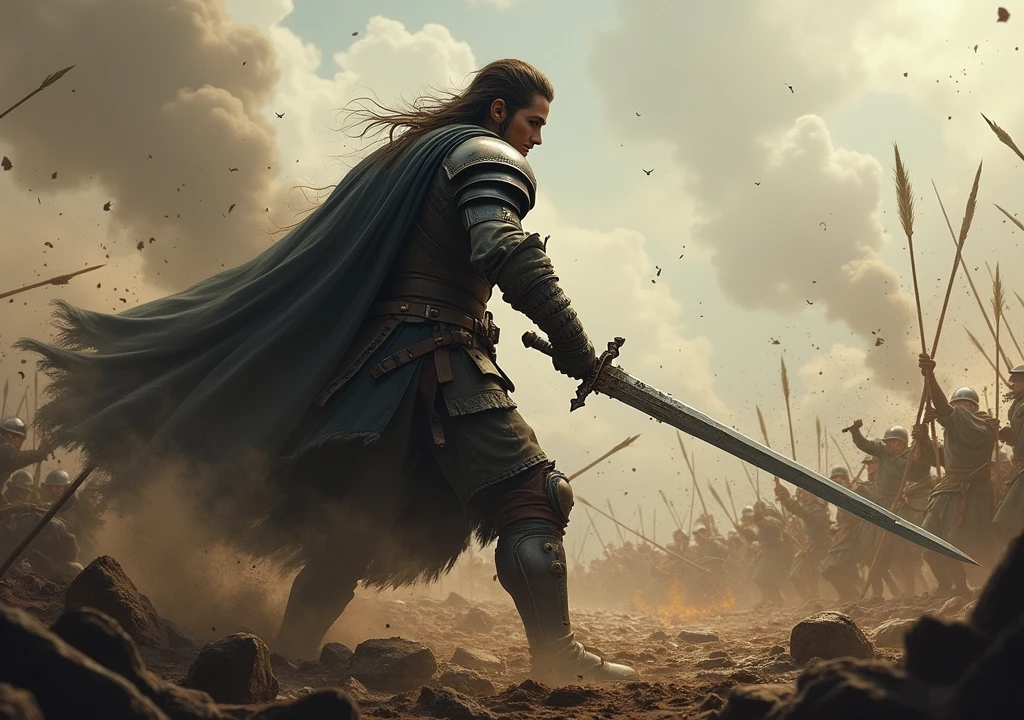 very wide shot, dutch angle, 1 male 35 years old is slender muscle with holding sword, (fearless and strict and yell face:1.2), (charge pose:1.3), (messy hair:1.2), knight, plate armor, sabaton, (((battle map background intricate detail:1.3))), intricate detailed, extremely detailed texture, matte painting, pencil art, color pencil drawing, fine art etching, ((chalk drawing with gouache finish)), impasto acrylic, hot air coating, dignity atmosphere, tonal contrast, highest quality,