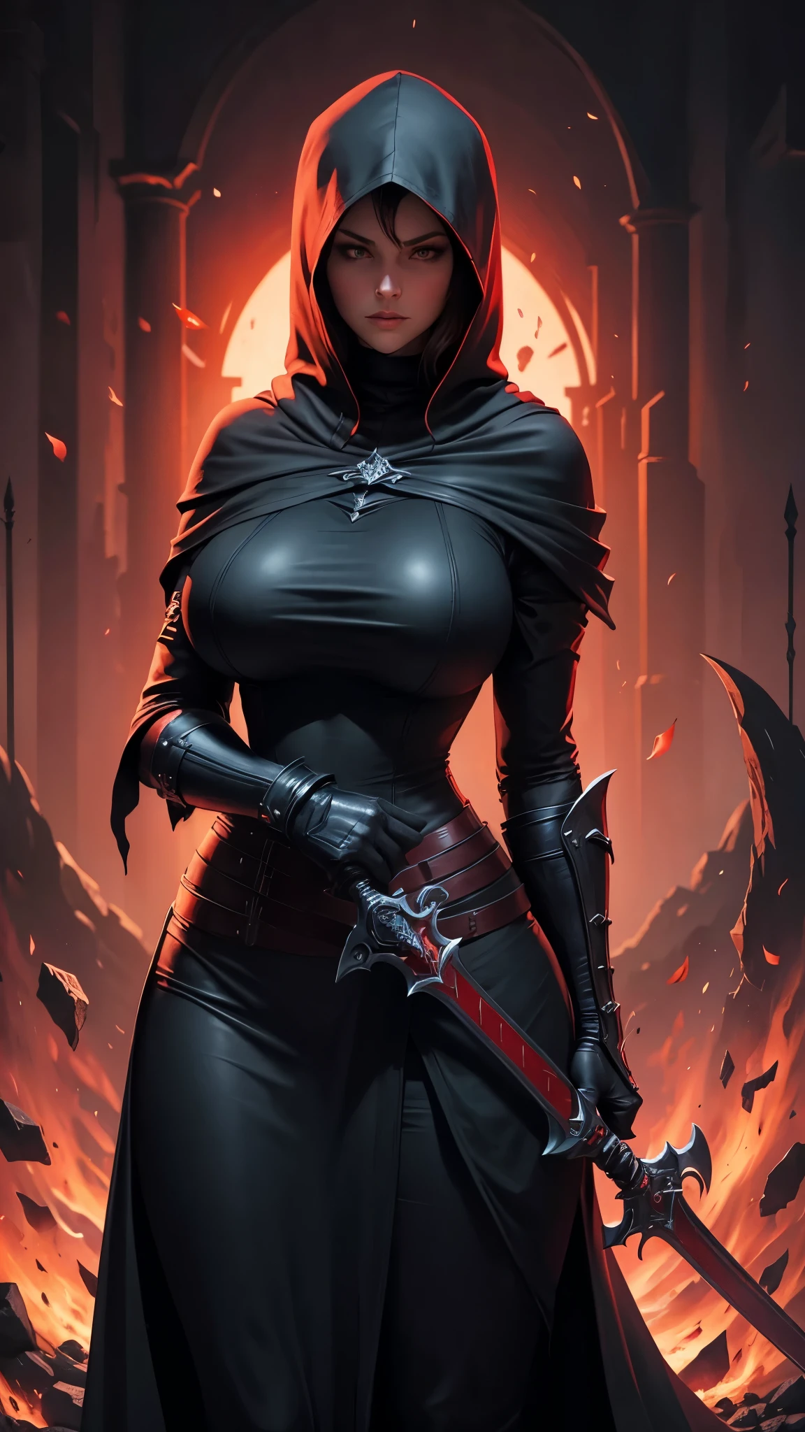high quality, realistic, (obscured face:1.5),
sorceress in a sexy pose wearing a leather tube top , pale skin, white skin, blue skin,
 <lora:Dsorceress:0.65> dsorceress, SDress, elbow gloves, red hood, midriff, brown strapless bra. black panties, lace-trimmed thigh boots, red skirt, cleavage, bare shoulders, lips,
valley background, poison fumes, green fog in background,