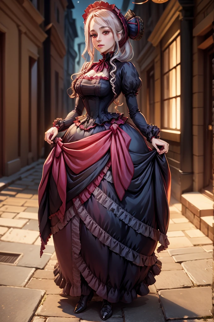 Noble ladies fashion full body in Victorian Era dress red, blue, green a conservative full body pose of a 1910 woman wearing a small hat and business attire and a long skirt , standing in a dark alleyway with gas lighting, a full moon in the background, beautiful character painting,Extremely dark 